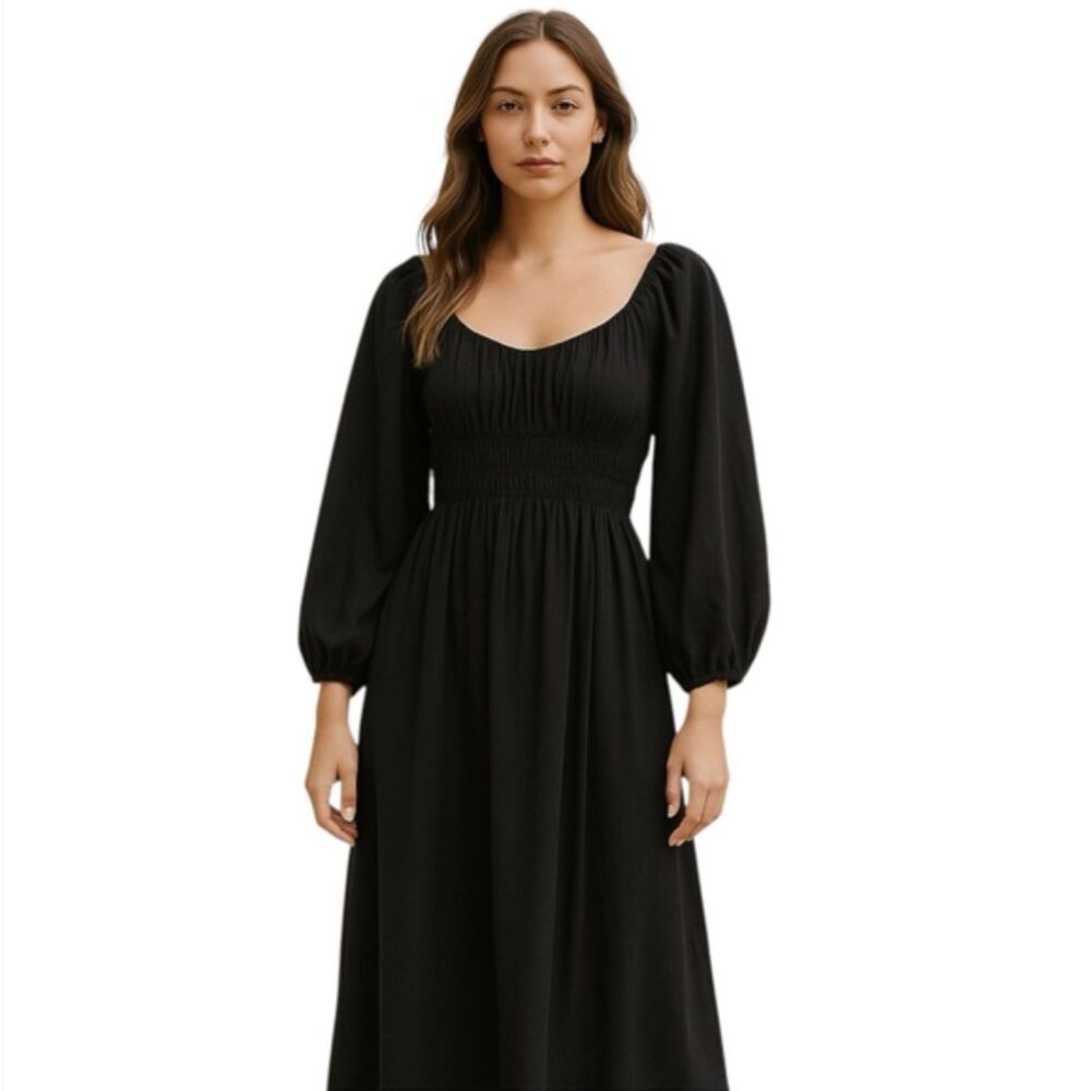 H&M Black Smocked Waist Balloon Sleeve Maxi Dress Size M Flowy Boho Cottagecore